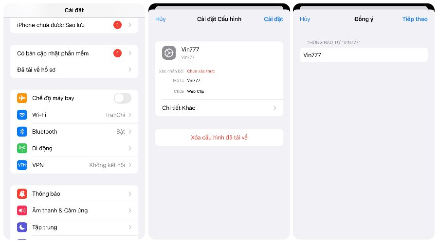 Tiếp tục tải App Vin777 và chọn mục Cài đặt